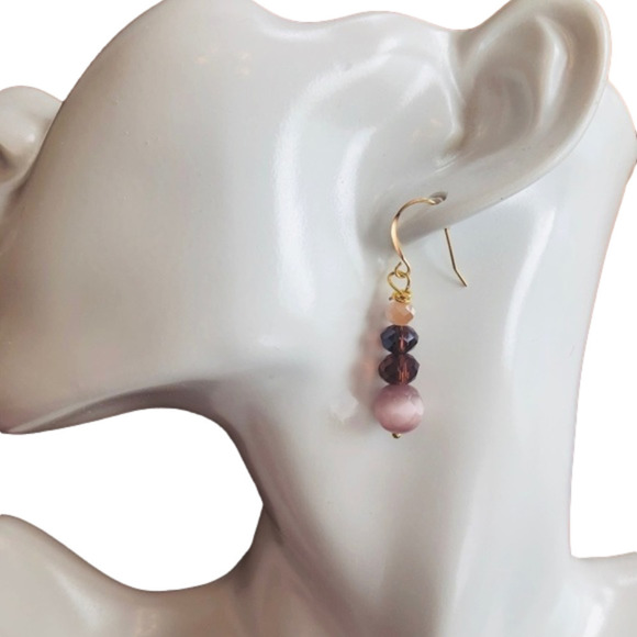 BOHO Indie 14k/Sterling Silver Earrings Pink Jade, Cats Eye Pink Deep Purple - Picture 6 of 9